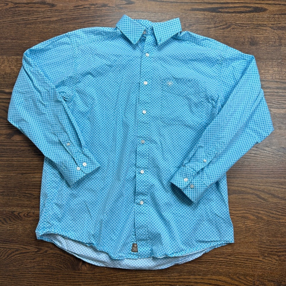 Ariat Mens XL Long Sleeve Button Down Shirt Turquoise Blue Geometric Stretch